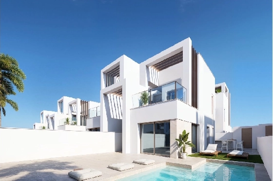Eck-Reihenhaus in Los Alcazares zu verkaufen, Espace de vie 146 m², Zustand Erstbezug, Klimaanlage, Terrain 177 m², 3 Chambres &agrave; coucher, 2 Badezimmer, Pool, ref.: HA-LAN-480-Q01-1